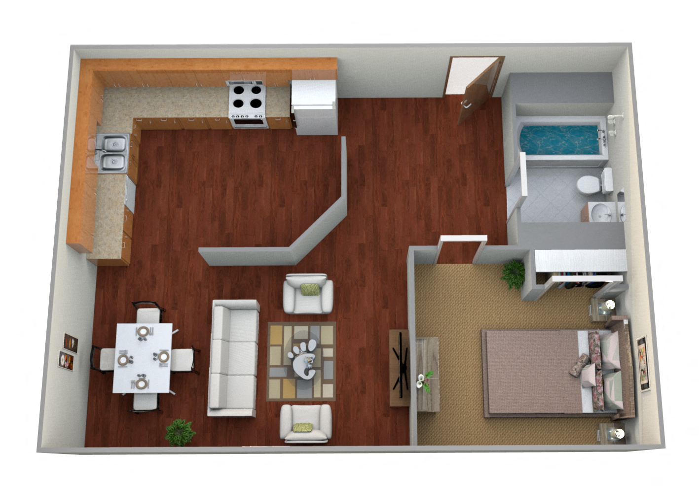 Floor plan for 1 bed, 1 bath, 735 sqft